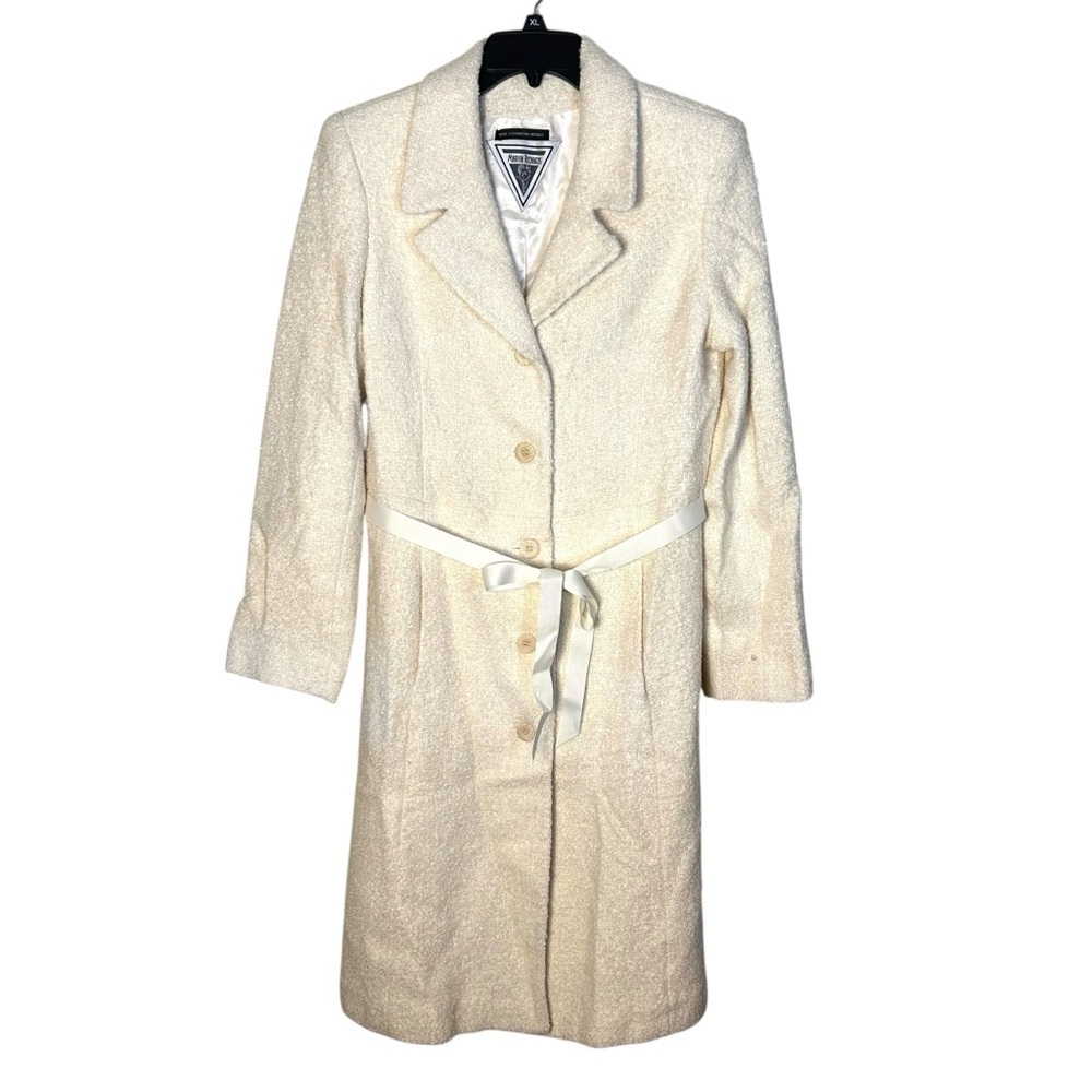 Vtg MARVIN RICHARDS Womens 8 Wool Blend Belted Coat Boucle Bridal Dressy Ivory